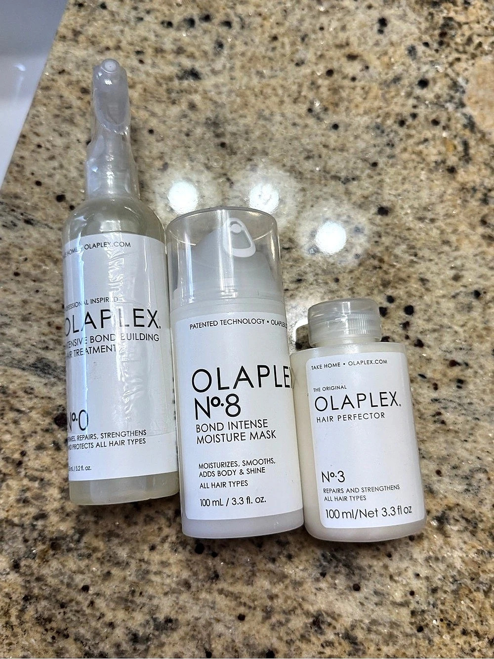 Olaplex No.3 Hair Perfector, No.8 Bond Intense Moisture Mask, No.0 Intensive Bon